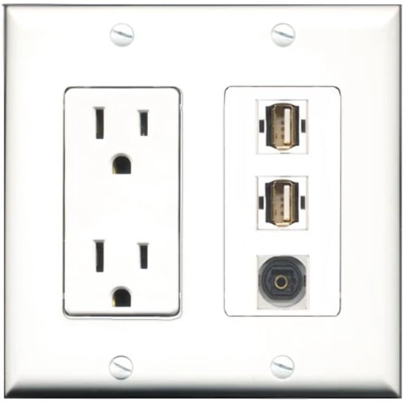 RiteAV - 15 Amp Power Outlet 2 Port USB A-A 1 Port Toslink Decorative Wall Plate
