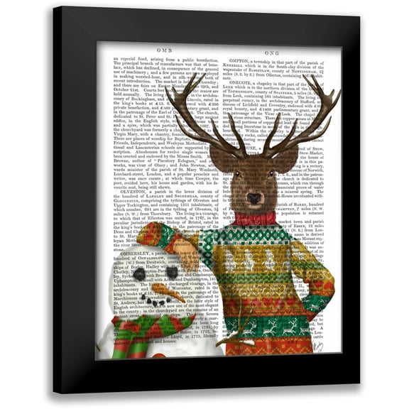 Fab Funky 12x14 Black Modern Framed Museum Art Print Titled - Deer in Christmas Sweater with Snowman