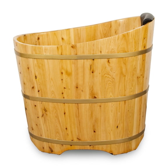 JRYTIN 34” Freestanding Japanese Soaking Tub Handcrafted Cedar Wooden Bathtub Compact deep Wood Tub For Small Space