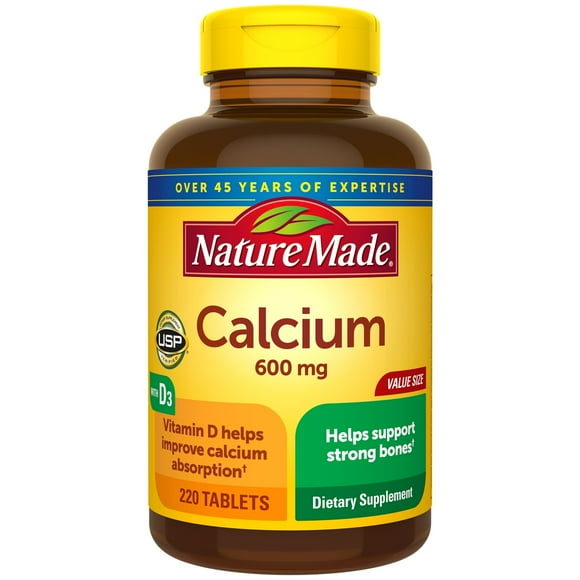 Nature Made Calcium 600 mg Tablets with D3, 220 Count Value Size for Bone Health