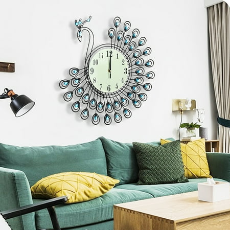 Wall Clock For Office 21 inch Large Metal 3D Golden Peacock Crystal Wall Clock Silent with Arabic Numerals, Decorative Clock for Living Room, Bedroom, Office ()