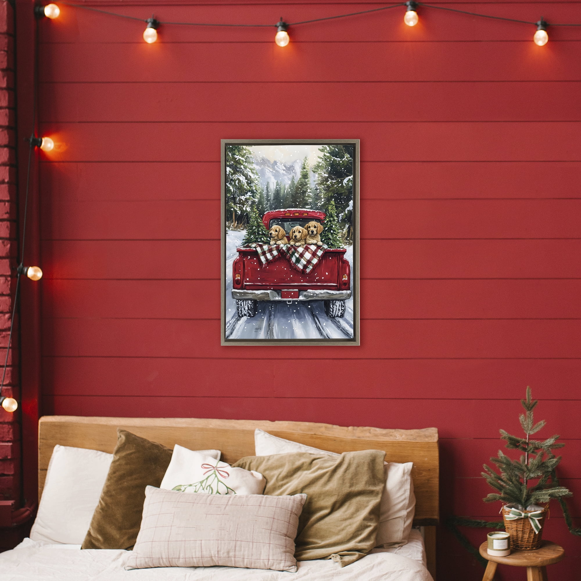 Golden Pups Christmas Truck Brown Framed Floater Canvas Wall Art, design by Petal Prints Design