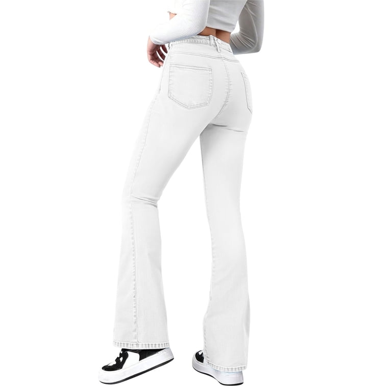 Fengqque Flare Jeans for Women Trendy High Waist Stretchy Button