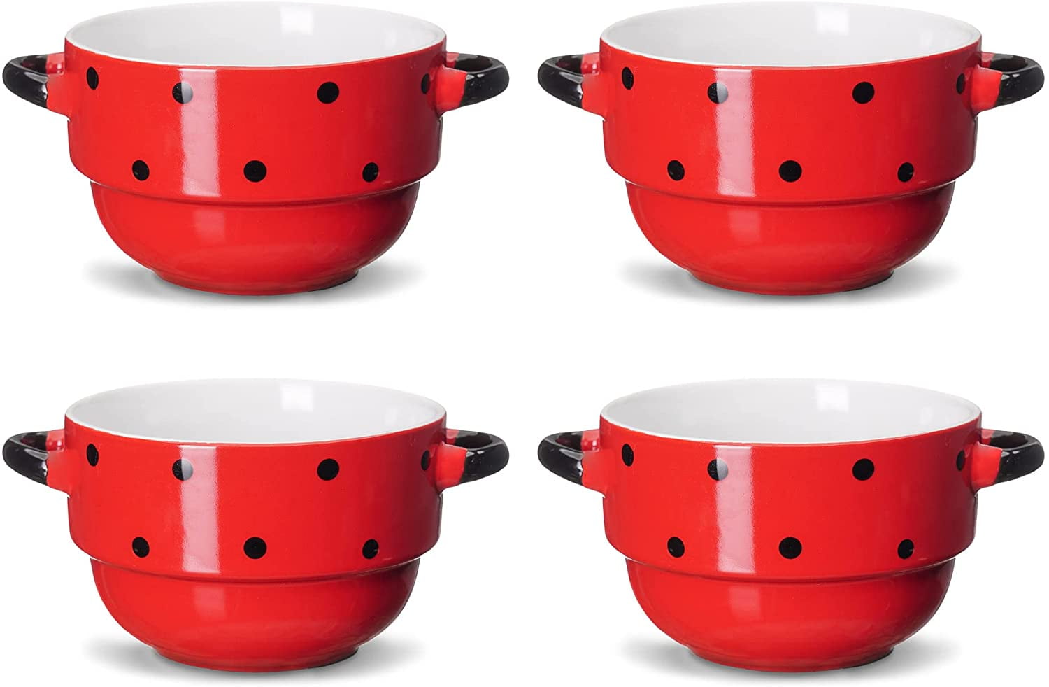 Soup Bowls with Handles Ceramic Polka Dot Red 16 Ounce Set of 4