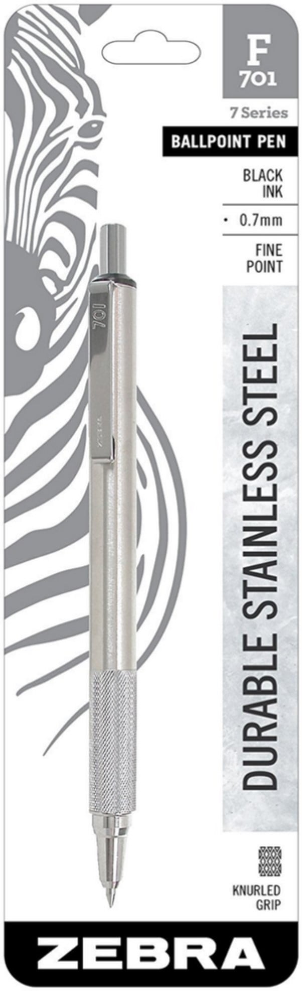 Zebra F-701 Ballpoint Stainless Steel Retractable Pen, Fine Point, 0.7mm, Black Ink 1 ea (Pack of 3)