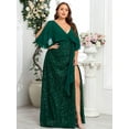 thumbnail image 4 of Beauty-Emily Plus Size Women's Elegant V-Neck Maxi Dress with Cape Sleeves, Side Slit, Belt, Solid Color, Non-Stretch Polyester Long Gown for Wedding, Bridesmaid, Prom, Cocktail, Evening, Formal Even, 4 of 6