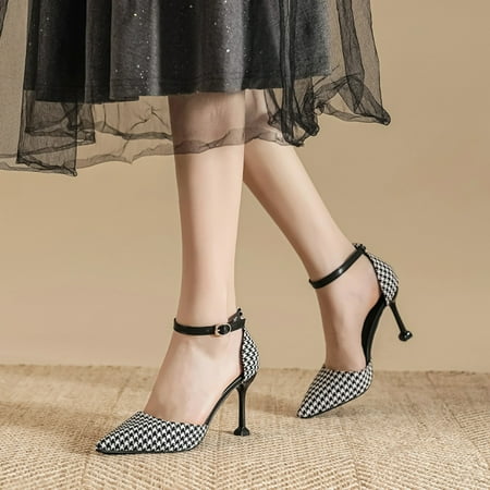 

HOLXI 2024 Houndstooth Pumps Slip on Pointed Toe High heel stiletto shoes for women stiletto shoes with buckles