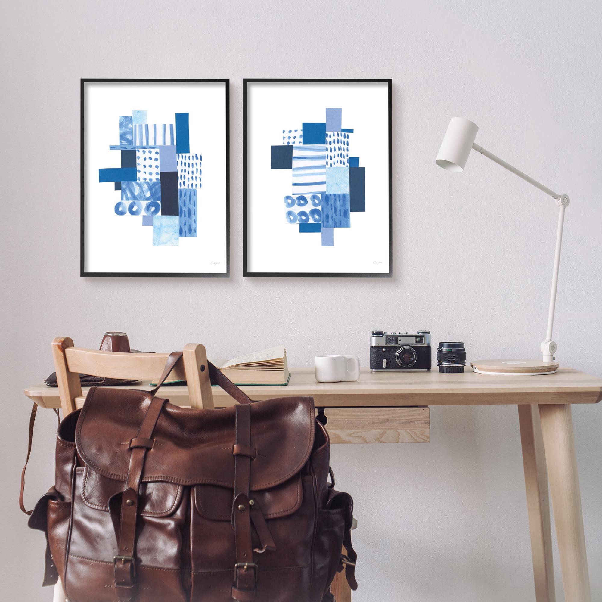 Stupell Industries Blue Patchwork Patterns Abstract Geometric Squares Black Framed, 16 x 20, Design by Courtney Prahl