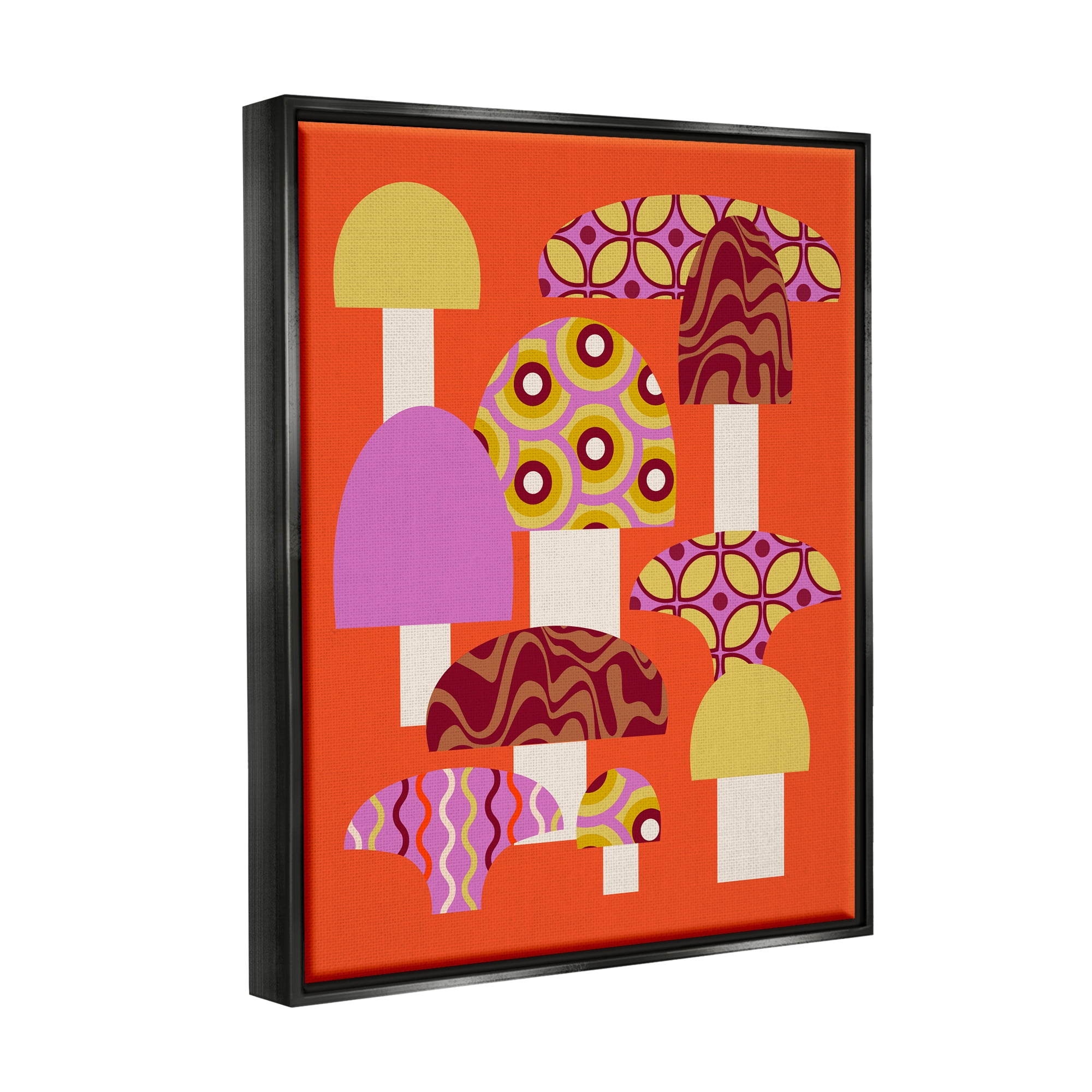 Stupell Industries Retro Patterned Mushrooms Botanical & Floral Painting Black Floater Framed Canvas Art Print Wall Art, 17 x 21