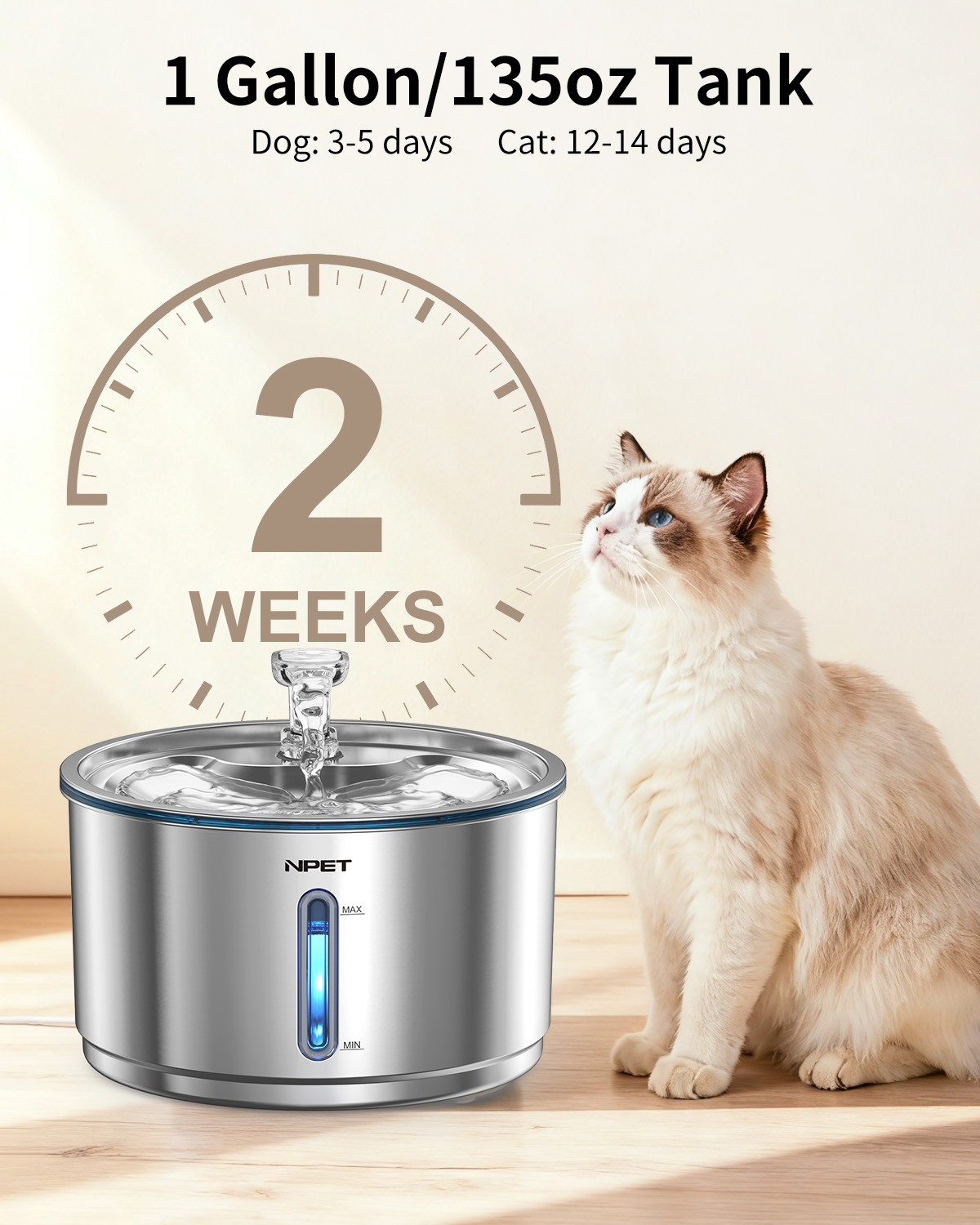 NPET 1 Gallon Stainless Steel Pet Water Fountain Quiet Filtered Cat Drinking Water Dispenser For Cats, Dogs