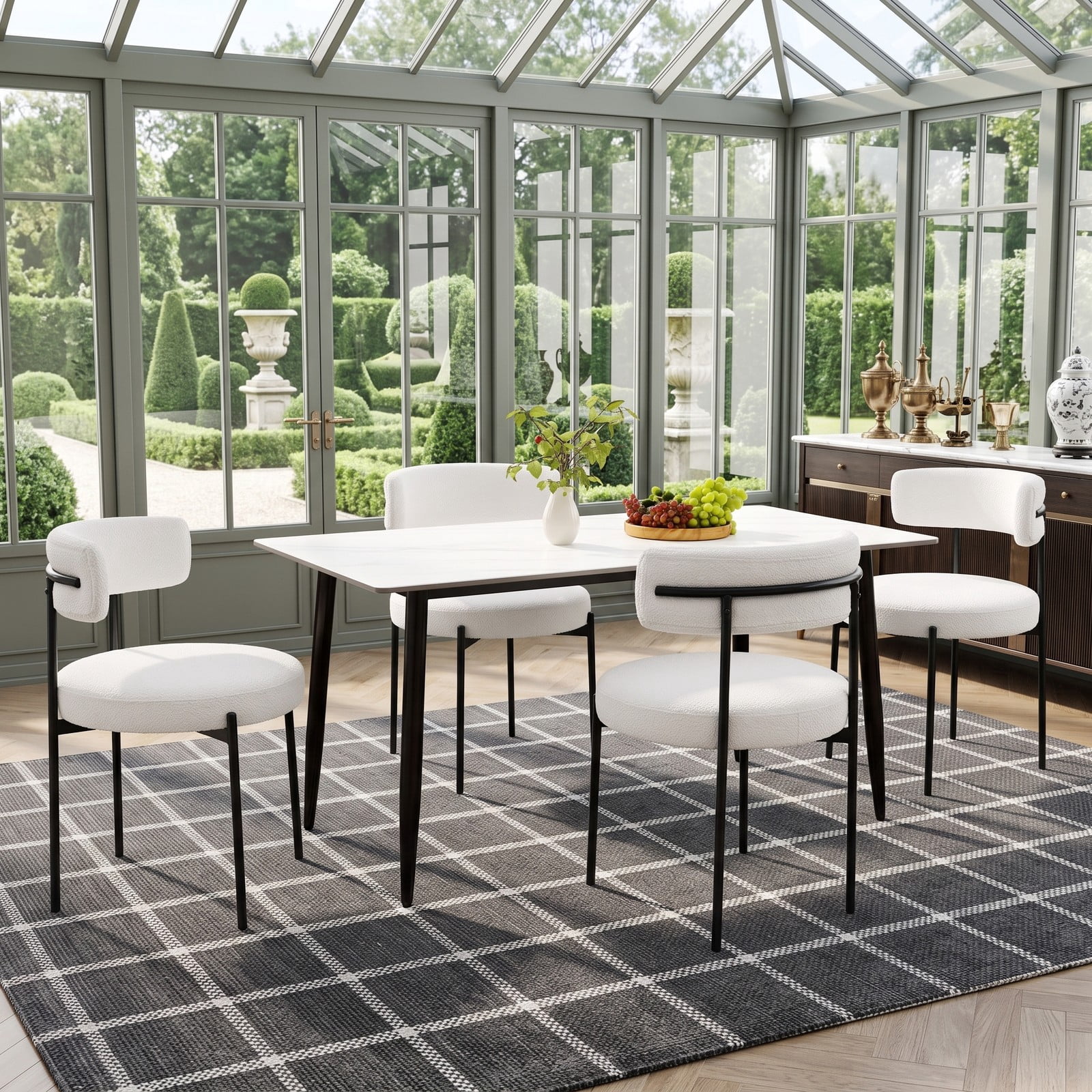 Furnibear Boucle Dining Chairs Set of 2, Upholstered Faux Sherpa Accent Side Chairs with Curved Backrest and Metal X-Legs for Kitchen Dining Room Living Room, White