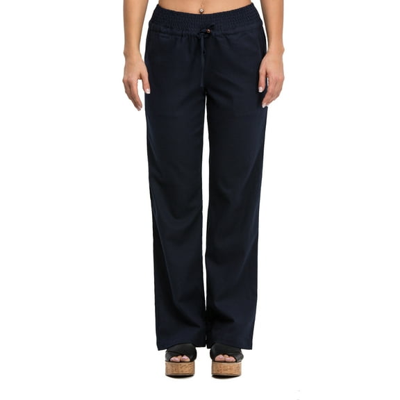 Comfy Drawstring Linen Pants Long with Smocked Band Waist (Navy)
