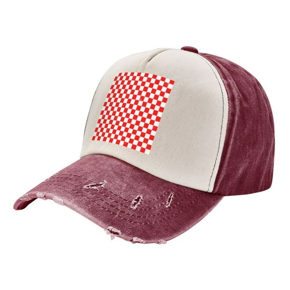 Red Checkerboard Pattern Baseball Cap Distressed Adjustable Vintage Cotton Denim Hat for Women Men