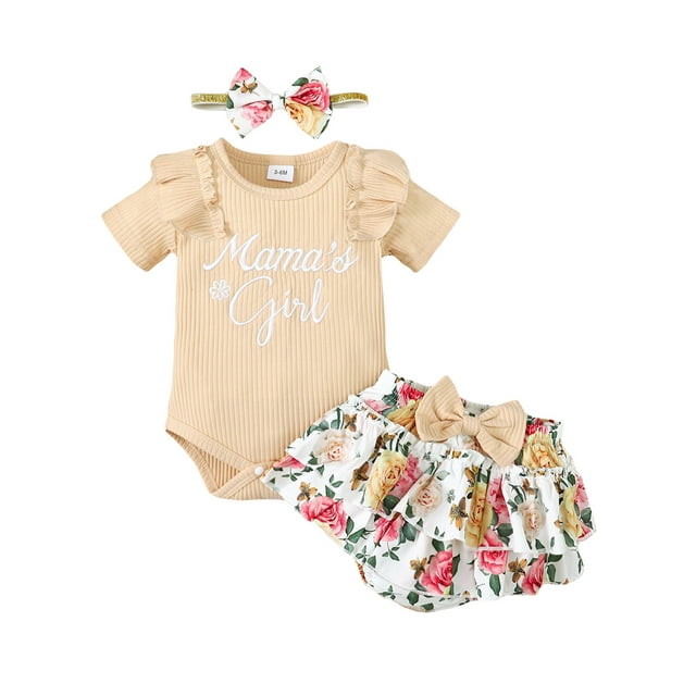 Gupgi Baby Girl Summer 2Pcs Outfit Infant Letter Print Short Sleeve Romper+Ruffled Floral Shorts+Headband
