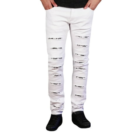 Studs Bling Jeans - Stretch Skinny Fit Jeans with Rips and Studs from White