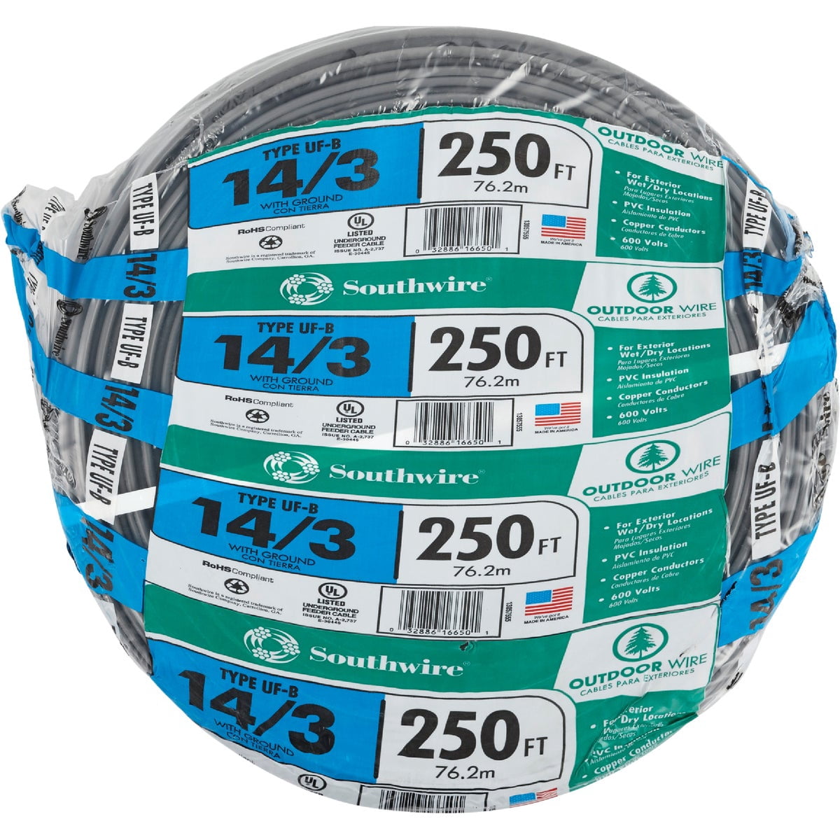 Southwire 14 AWG 3-Conductor Electrical Wire UFW/G - 250 Ft Copper Cable