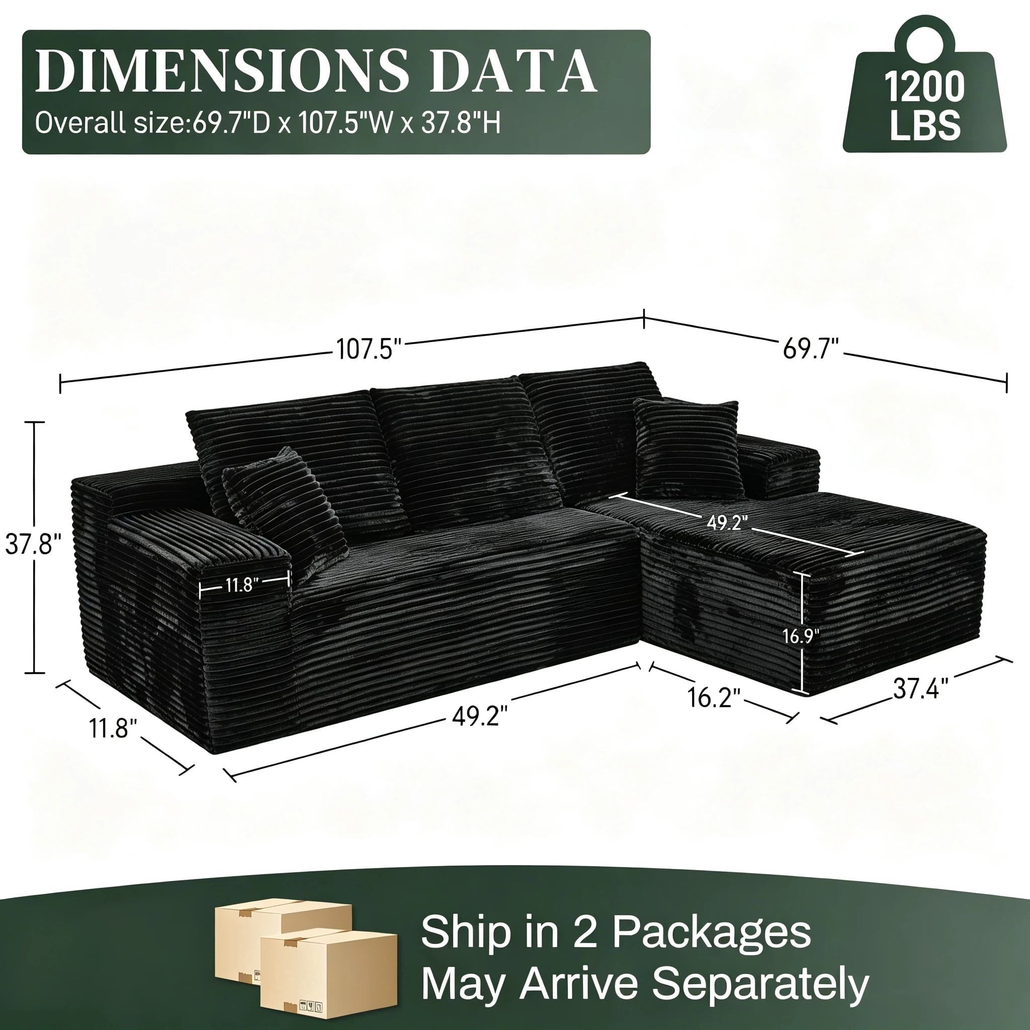 AISWORD 107.5" Corduroy Modular Sectional Sofa with Right Facing Chaise, Compressed Couch, Black