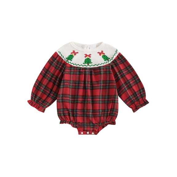 Baby Girl Christmas Outfit Plaid Smocked Bubble Romper Christmas Tree Puff Long Sleeve Bodysuit Fall Winter Xmas Clothes