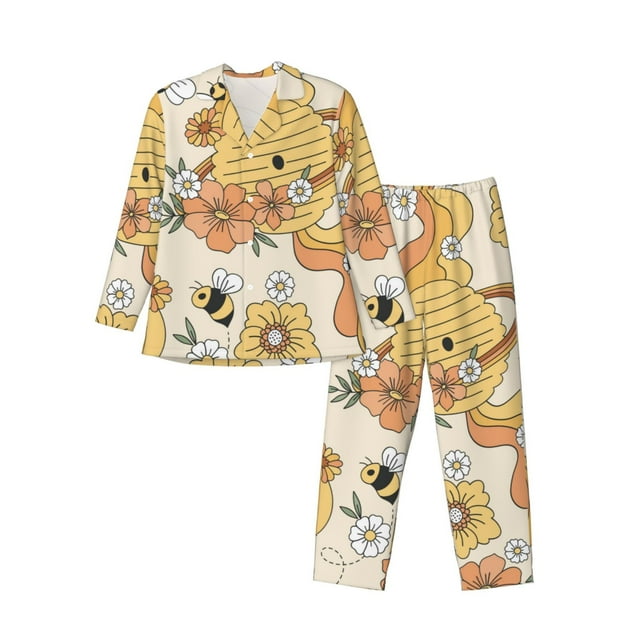Fotbe Groovy Floral Pattern Long Sleeve Pajama Set for Men,Sleepwear Set,2-piece Loungewear Set,Soft PJs Comfy Nightwear with Pockets-Small