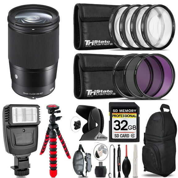 Sigma 16mm f/1.4 DC DN Contemporary Lens for Sony E Flash Tripod & More - 32GB Accessory Kit (International Version)