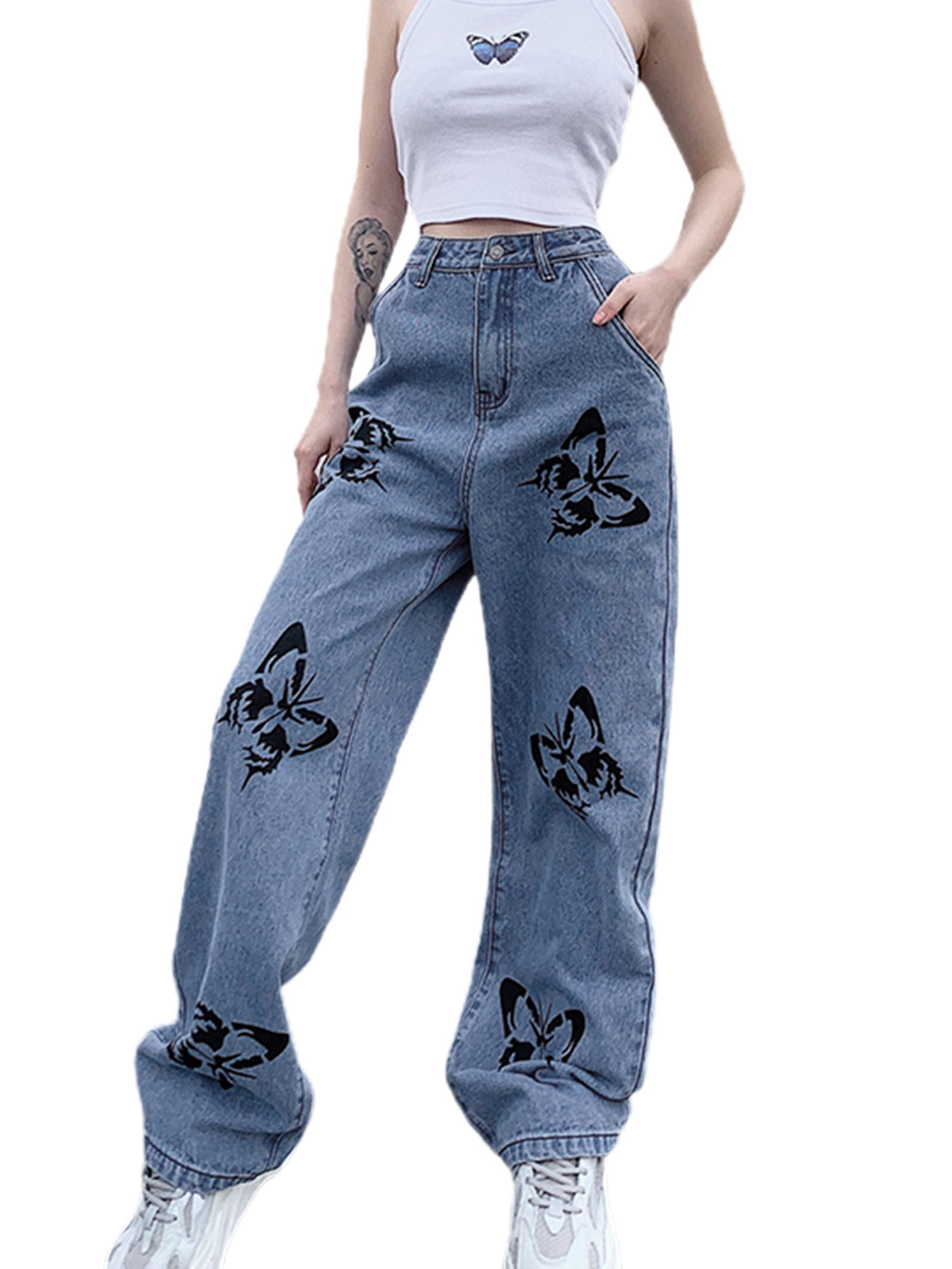 xiaohuoban Women Casual Loose Fit Bootcut Jeans Wide Straight Leg Pants 