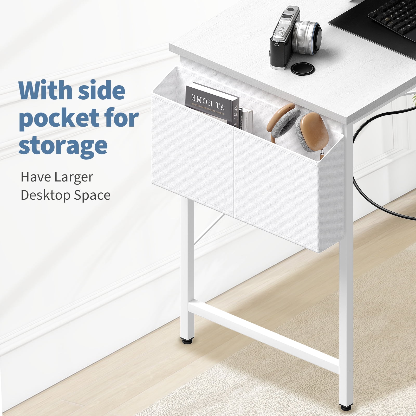 CONCETTA 39 Inch Gaming Computer Desk with Power Outlet & LED Strip, Reversible Storage Shelves for Home Office, White