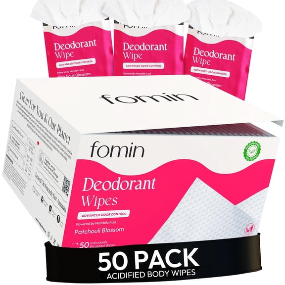 FOMIN Acidified Travel Deodorant Wipes For Women & Men - 50 Count - Patchouli Blossom - pH Balanced, Mini Deodorant Travel Size Wipes - Plastic-Free, Individually Wrapped Underarm Body Wipes