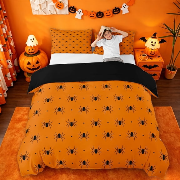 Homewish Simple Halloween Spider Bedding,Tiny Bug Print Duvet Cover Full,Orange Black,Black Reversible,3 Pieces,1 Duvet Cover and 2 Pillowcases