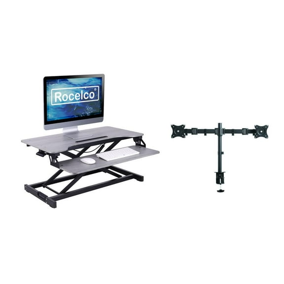 Rocelco Standing Desk Converter w/Dual Monitor Arm 31.5 in w/Tablet Holder Gray