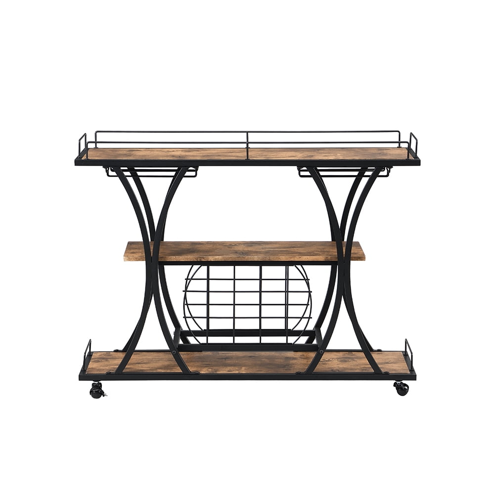 Kepooman Bar Carts, Industrial Bar Cart with Wine Rack and Glass Holder for Home, Black Kepooman Bar Carts, Industrial Bar Cart with Wine Rack and Glass Holder for Home, Black