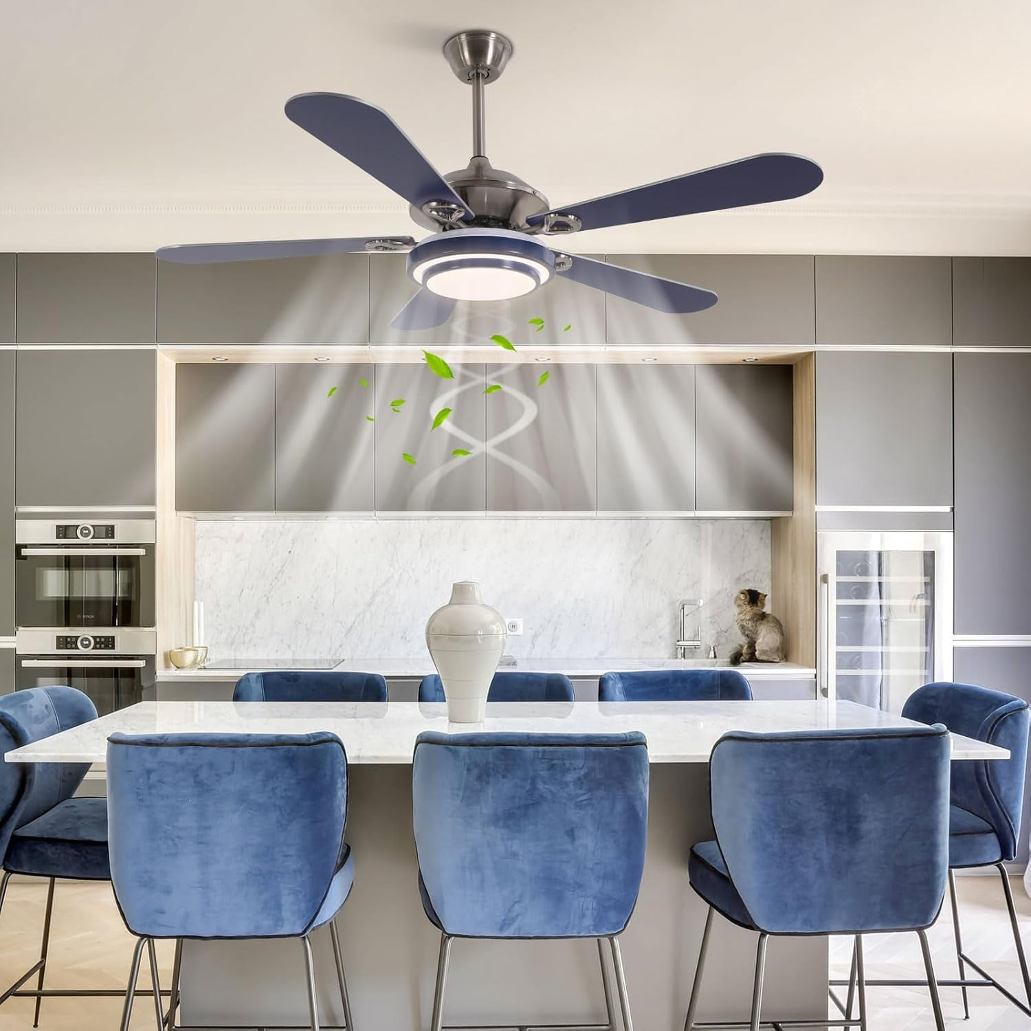 52" Ceiling Fans with Lights, Flush Mount Ceiling Fan Light with Remote Control, Reversible, Quiet, 6 Wind Speeds, Timing Function, for Bedroom Indoor Use, Blue