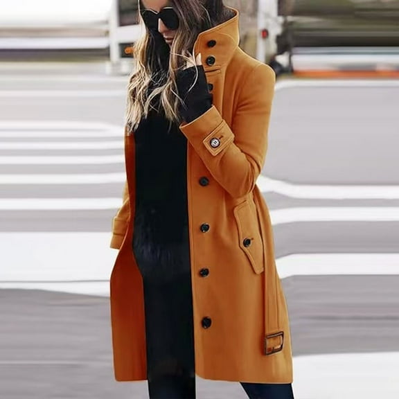 Women's Autumn and Winter Casual Coat with Suit Collar Solid Cardigan Buttons Long Sleeve Overcoat