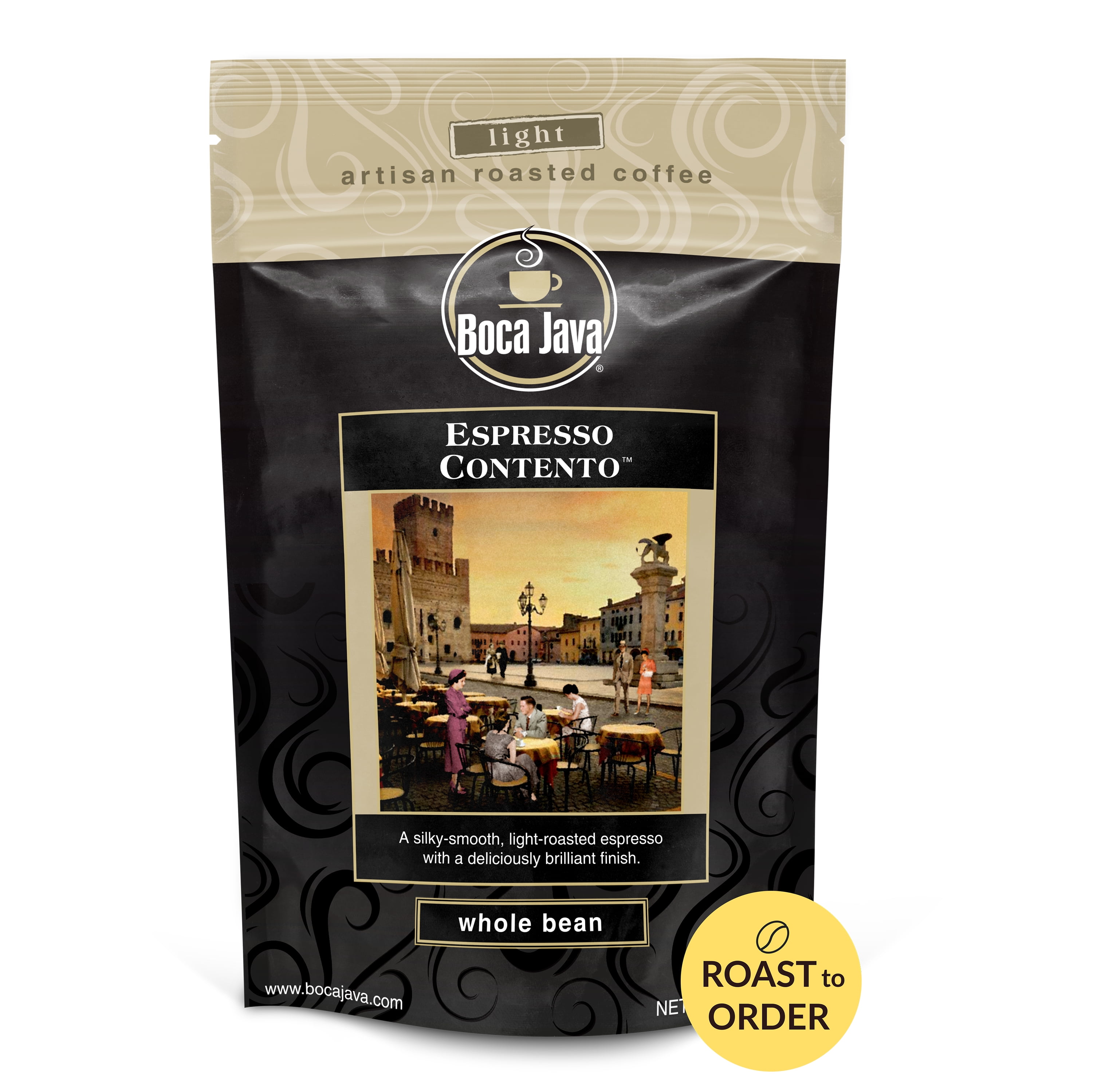 Boca Java Espresso Contento Whole Bean, Coffee Light Roast, 8 oz. Bag, 100% Arabica, Roast to Order