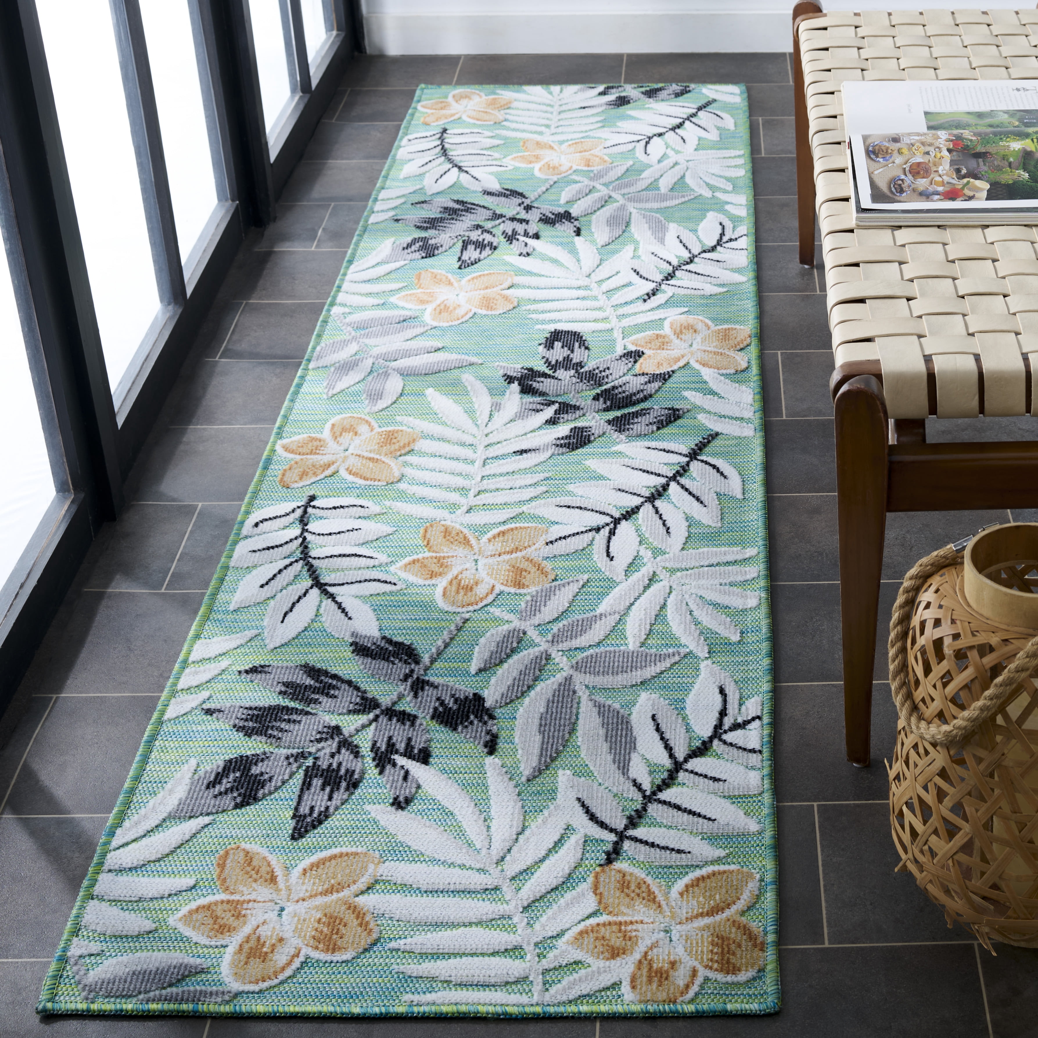Safavieh Cabana Blazhe Botanical Indoor/Outdoor Runner Rug, Blue Green/Gray, 2' x 8'