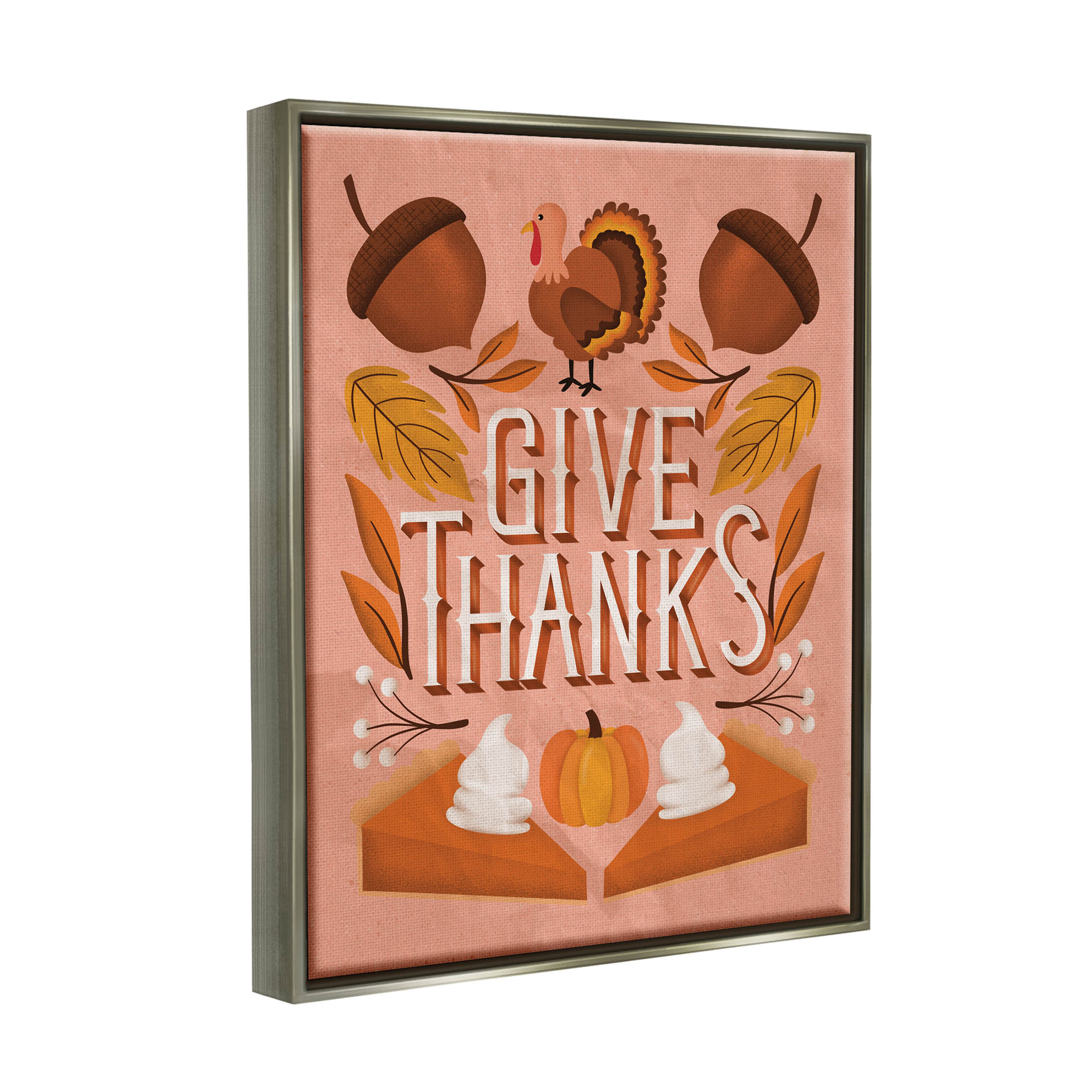 Give Thanks Botanical Pumpkin Desserts Holiday Graphic Art Luster Gray Framed Art Print Wall Art