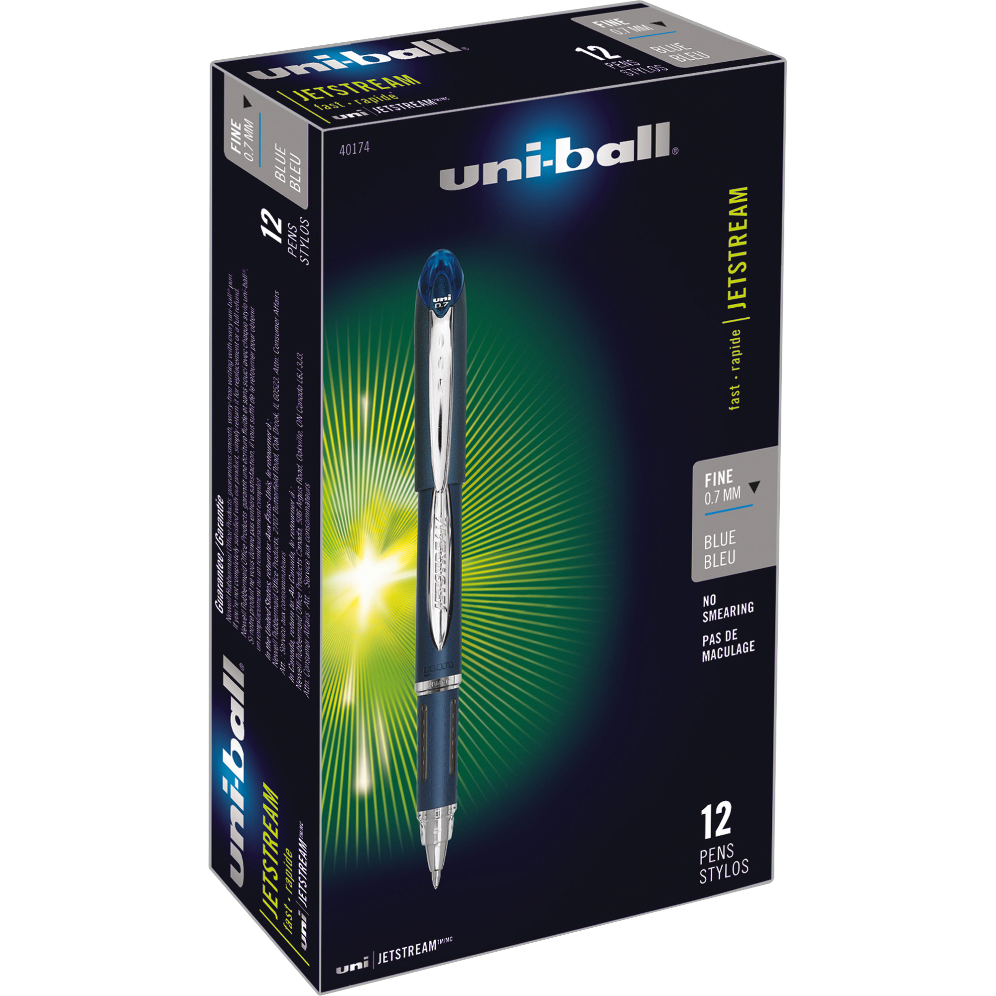 uni-ball® Jetstream™ Ballpoint Pens, Fine Point, 0.7 mm, Blue Barrel, Blue Ink, Pack Of 12
