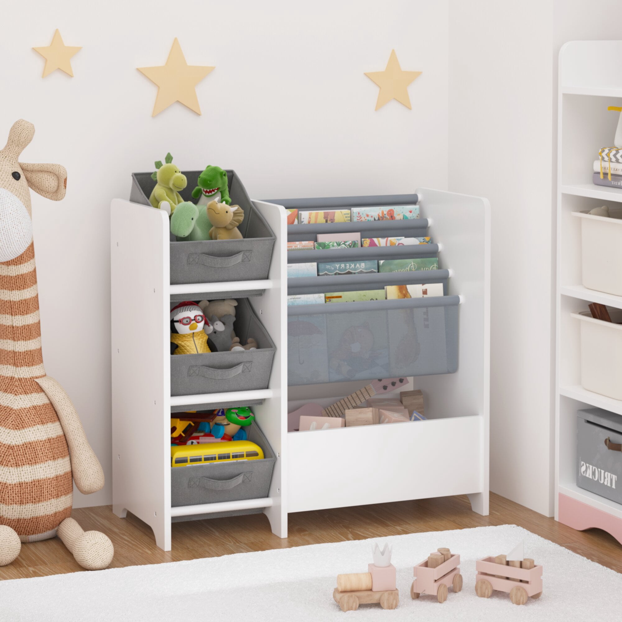 Yoneston Kids Bookshelf and Toy Storage Organizer, Multifunctional 4 Tier Kids Bookcase with 3 Collapsible Fabric Drawers for Children Toddler Bedroom Playroom Nursery, White