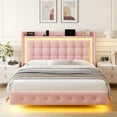 thumbnail image 5 of Homfa Full Size Floating Bed with RGB LED Lights Charging Station, Velvet Upholstered Platform Bed with Storage Headboard, Pink, 5 of 8