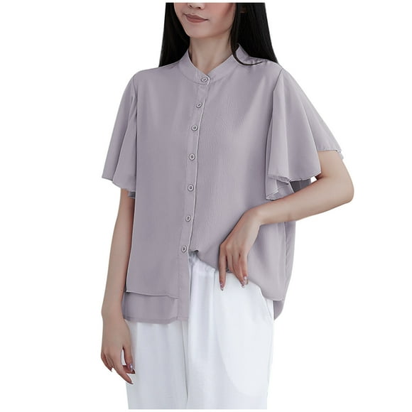 Haut Décontracté à Manches Courtes Col en V Mode Été pour Femmes, Blouse à Manches à Volants Fluide Couleur Unie, Chemise Col en V Confortable et Élégante pour Usage Quotidien, Parfait pour Temps Chaud
