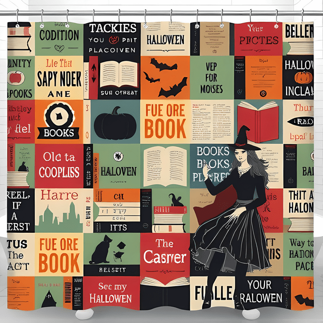 Whimsical Vintage Halloween Book Cover Shower Curtain - Spooky Gothic Witch Design Autumn Colors