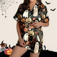 thumbnail image 2 of Halloween Pajamas Women 2 Piece Set Ghost Print Graphic Thin Relaxed Fit Button Short Sleeve Shirts and Shorts Soft Cute Pjs Beige S, 2 of 7