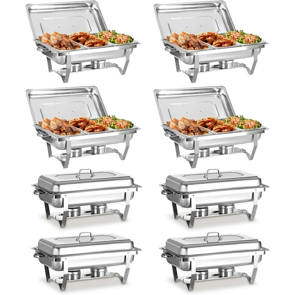 EVGTTI 8 Pack Chafing Dish for Buffet, 8QT Roll Edge Designed Chafing Dish Buffet Set, Stainless Steel Food Warmer with 1/3 Size Pan for Parties, Church Events
