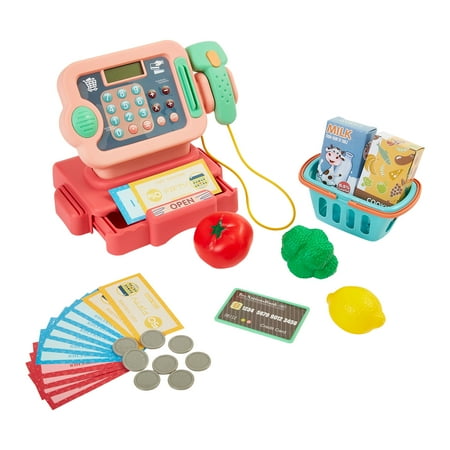 UPC: 0196593381722 | Cash Register for Kids – 30-Piece Set for Grocery Store Pretend Play with Shopping Basket Toy Money and Working Calculator by Hey Play (Pink)