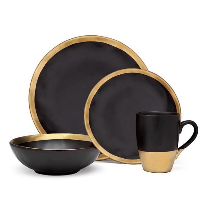 4Piece Golden Onyx Porcelain Gold and Black Dining Dinner Dinnerware