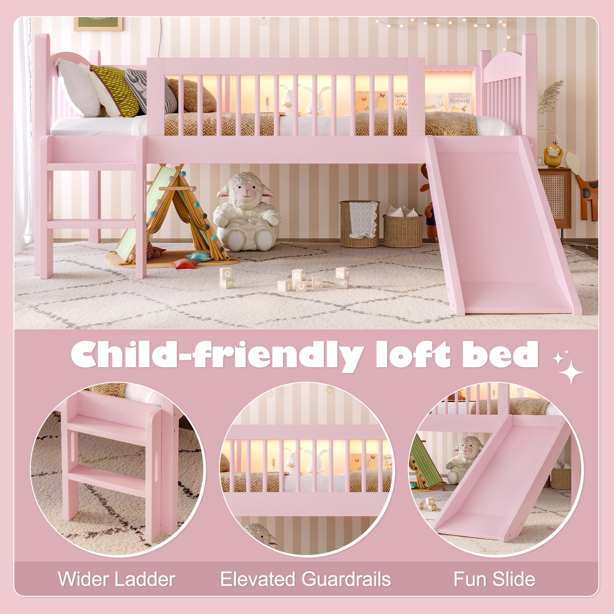 Leumius Twin Size Loft Bed with Slide,Solid Wood Loft Bed Frame with Storage Shelves,LED Lights and Full-length Guardrails,No Box Spring Needed,Pink