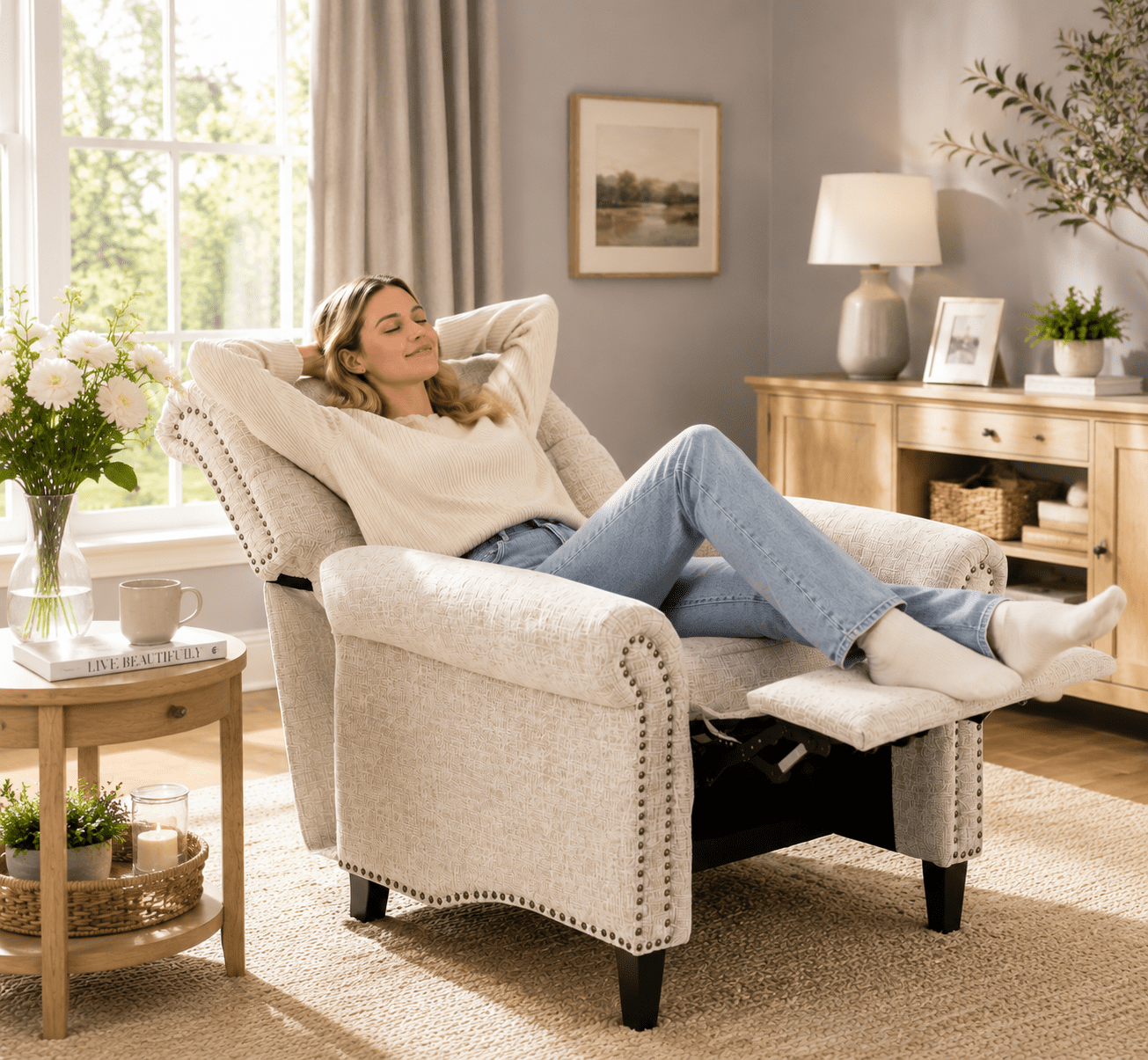 BSHTI Pushback Recliner Chair Linen Upholstered Armchair for Living Room Home Theater, Manual Single Sofa with Nailhead Trim, Rolled Arms, Wood Legs, Adjustable Footrest(Beige)