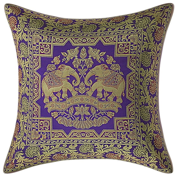 Stylo Culture Ethnic Bohemian Brocade Purple And Gold Throw Pillow Covers 16x16 Jacquard Weave Banarsi Linen Pillow Covers Elephant Floral 40x40 cm Decorative Cushion Covers (1 Pc)