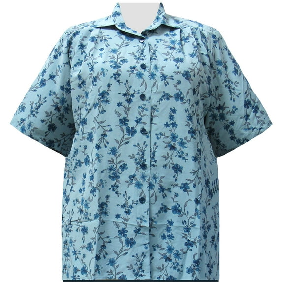 A Personal Touch Women's Plus Size Short Sleeve Button-Up Print Blouse with Pleats Teal Serena - 4X