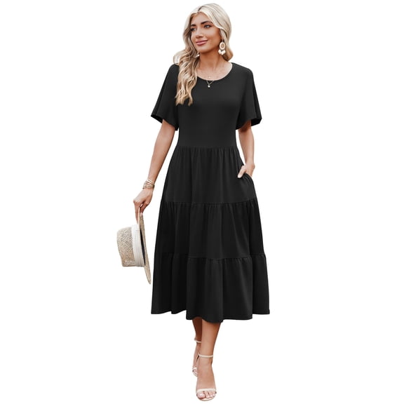 Zeagoo Women's Casual A-Line Dress with Pockets Summer Beach Dress Short Sleeve Midi Dress Flowy Sundresses