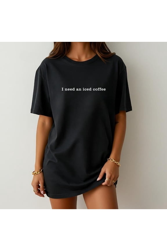 Comfortable Womens Iced Coffee Graphic Tee T Shirt Tops Short Sleeve Round Neck Black S-5XL